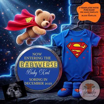 Superman Babyverse Pregnancy Announcement | Digital Canva Template | Superhero Baby Reveal | Gender Neutral | Instant Download | 2 Templates Included TrendyCustomApparel™