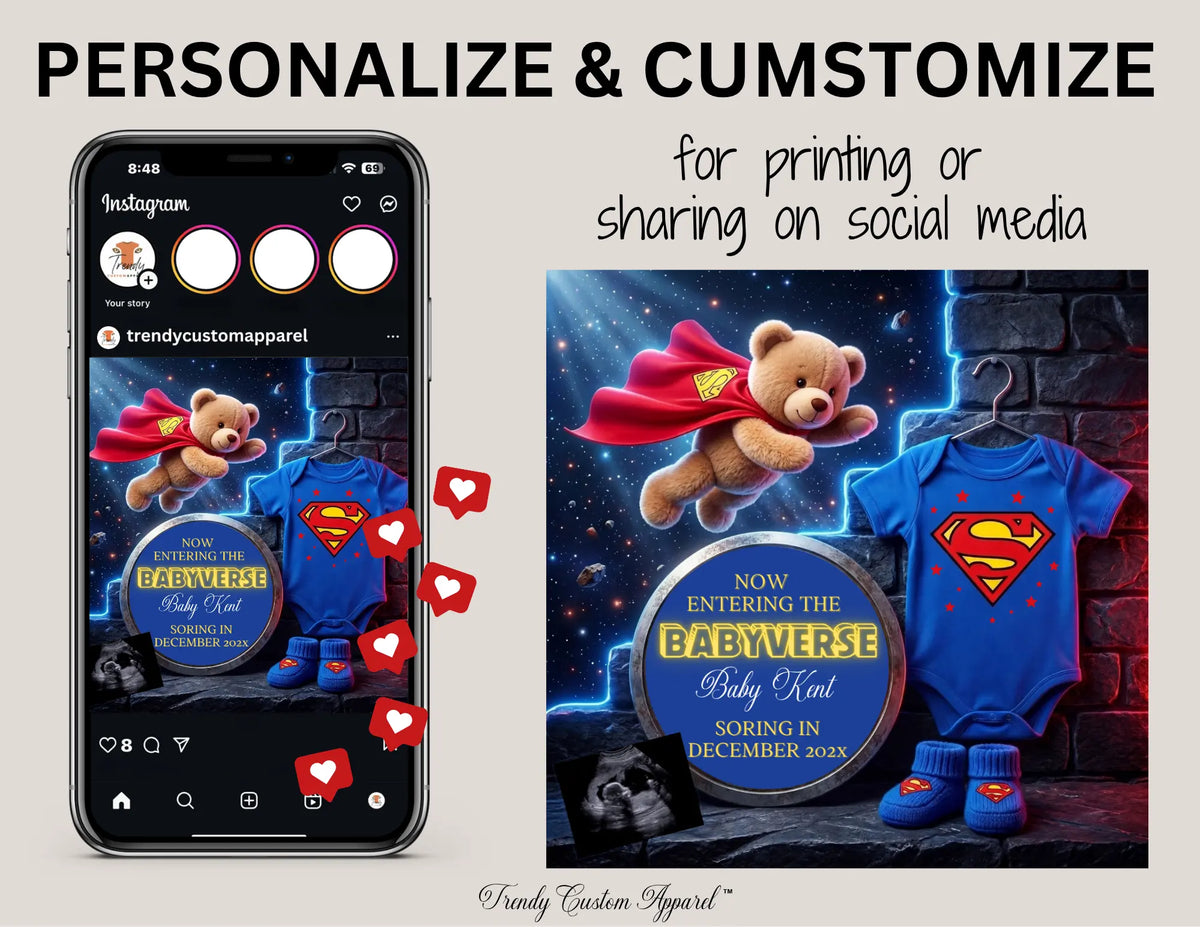 Superman Babyverse Pregnancy Announcement | Digital Canva Template | Superhero Baby Reveal | Gender Neutral | Instant Download | 2 Templates Included TrendyCustomApparel™