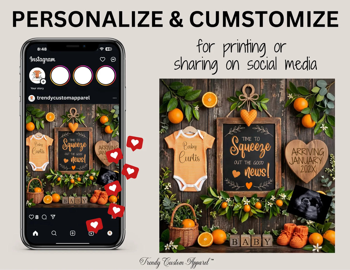 Digital Oranges Pregnancy Announcement, Squeeze Out the Good News, Customizable Fruit Themed, Editable Details Template TrendyCustomApparel™