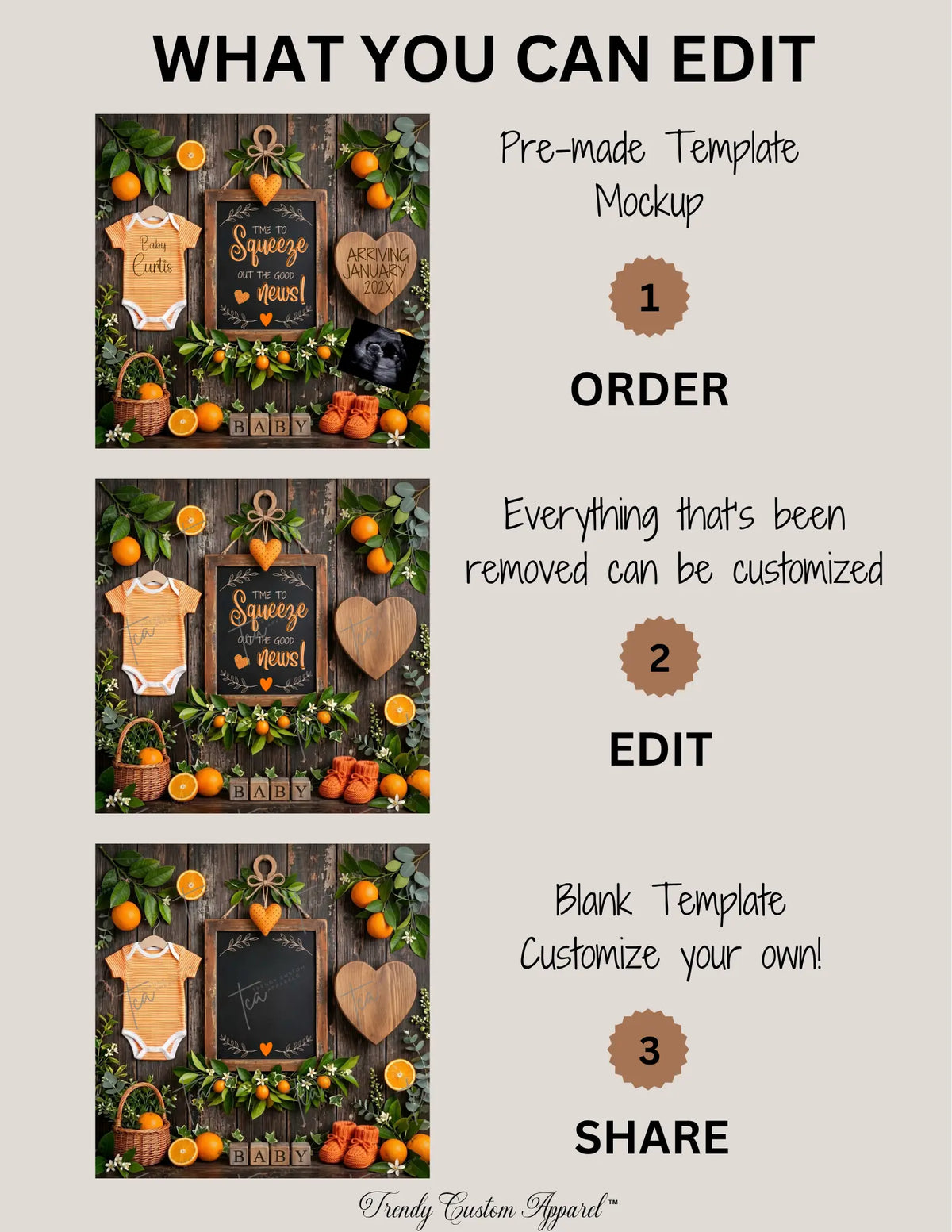 Digital Oranges Pregnancy Announcement, Squeeze Out the Good News, Customizable Fruit Themed, Editable Details Template TrendyCustomApparel™