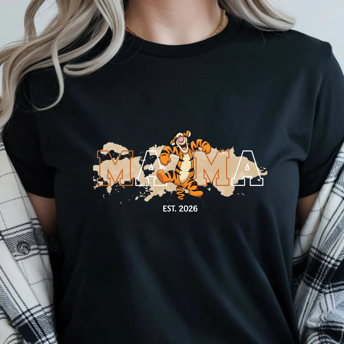 Women’s Mama Bouncy Tiger Graphic T-Shirt, Oversized Mama Est. Date Tee TrendyCustomApparel™