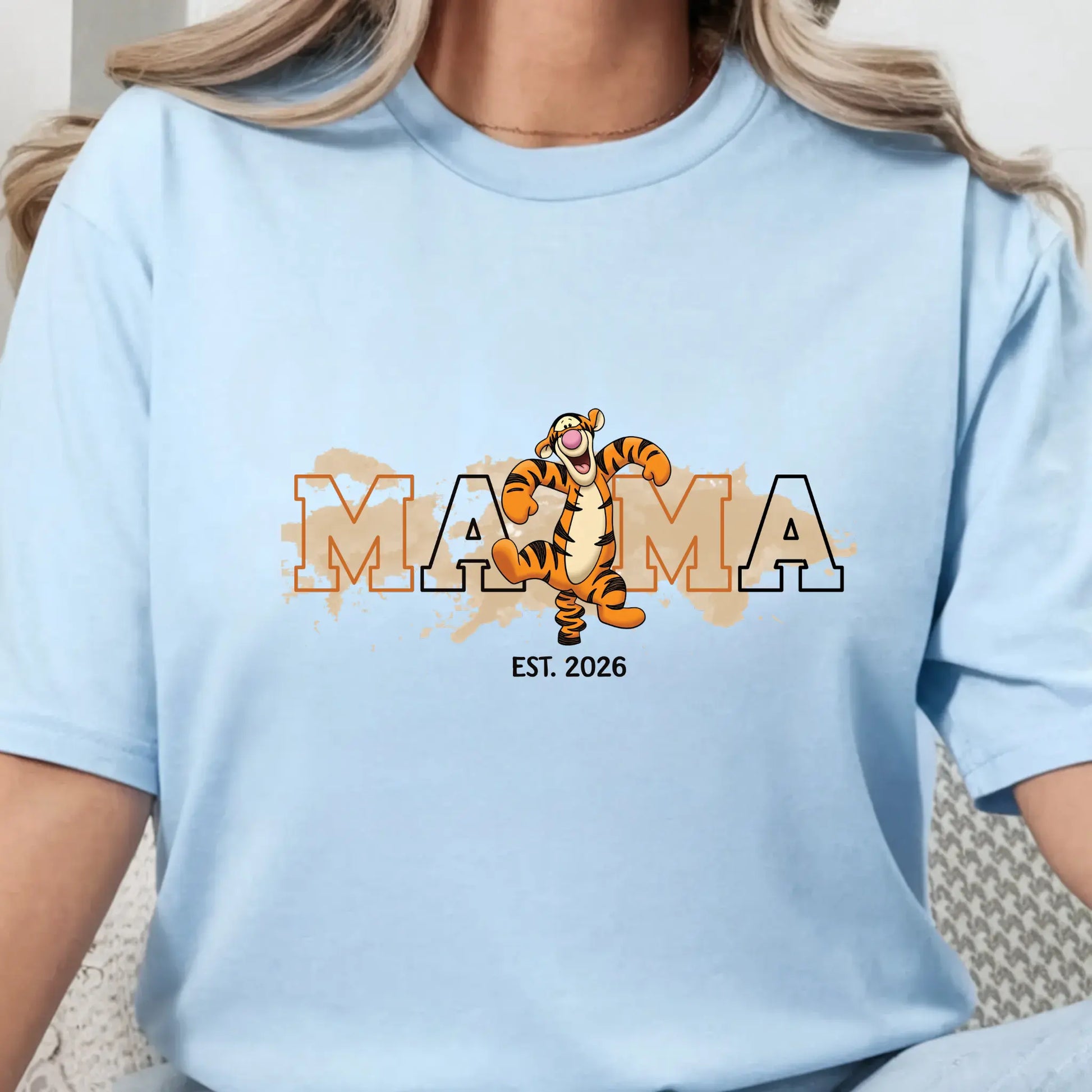 Women’s Mama Bouncy Tiger Graphic T-Shirt, Oversized Mama Est. Date Tee TrendyCustomApparel™