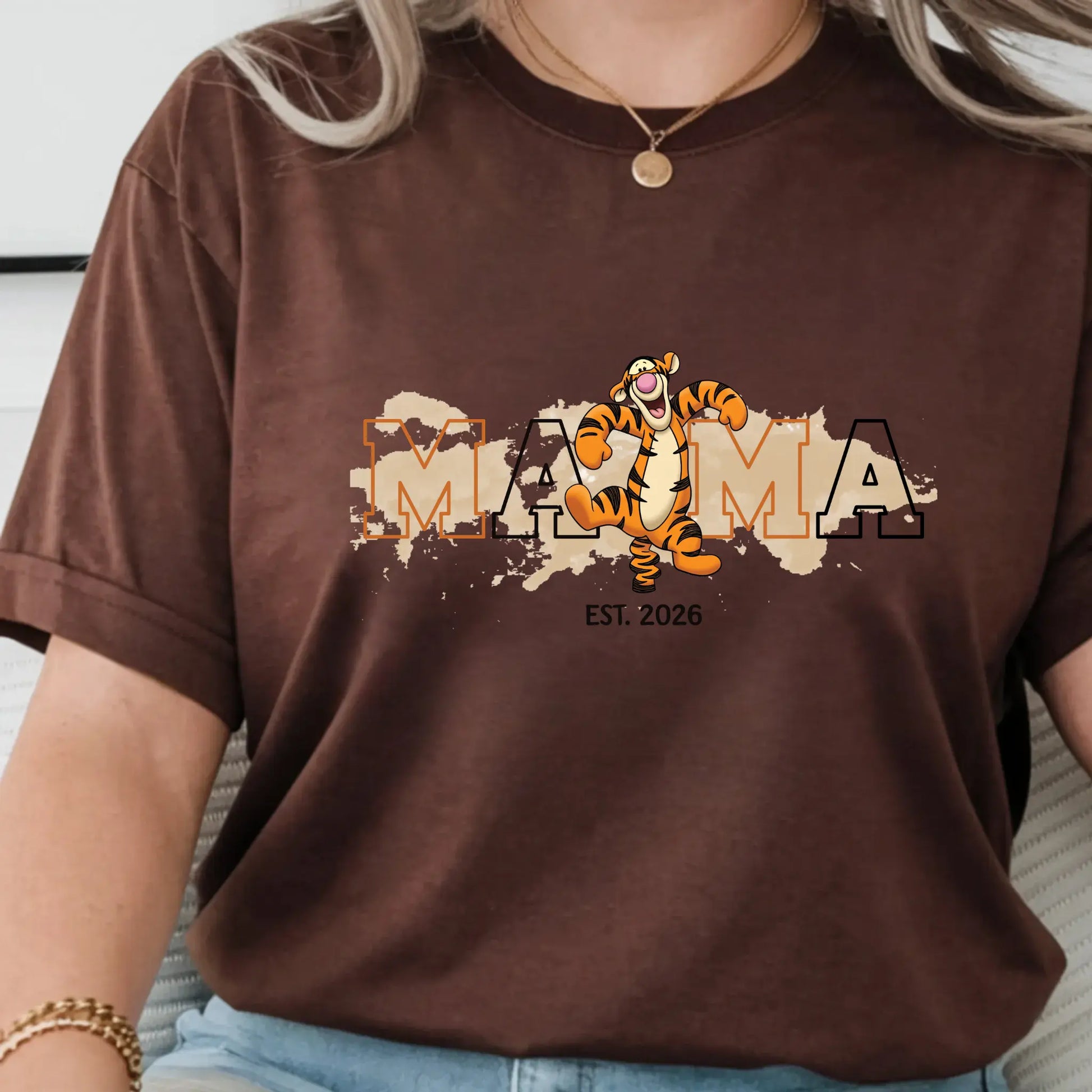 Women’s Mama Bouncy Tiger Graphic T-Shirt, Oversized Mama Est. Date Tee TrendyCustomApparel™