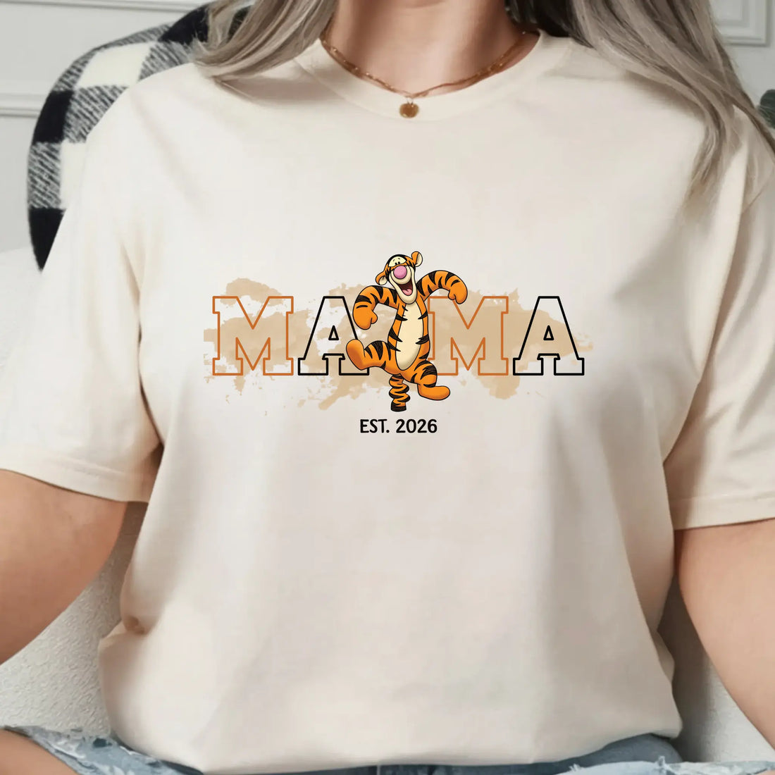 Women’s Mama Bouncy Tiger Graphic T-Shirt, Oversized Mama Est. Date Tee TrendyCustomApparel™