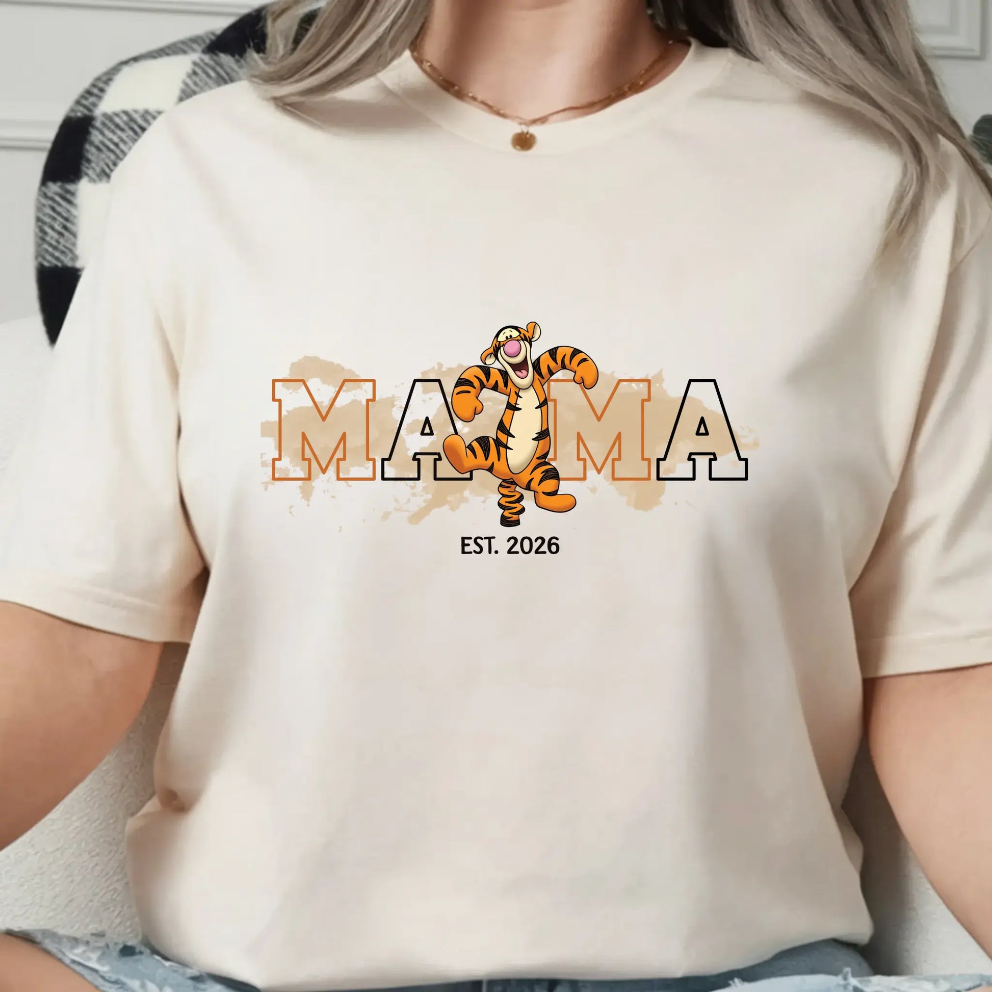 Women’s Mama Bouncy Tiger Graphic T-Shirt, Oversized Mama Est. Date Tee TrendyCustomApparel™