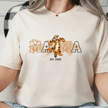 Women’s Mama Bouncy Tiger Graphic T-Shirt, Oversized Mama Est. Date Tee TrendyCustomApparel™