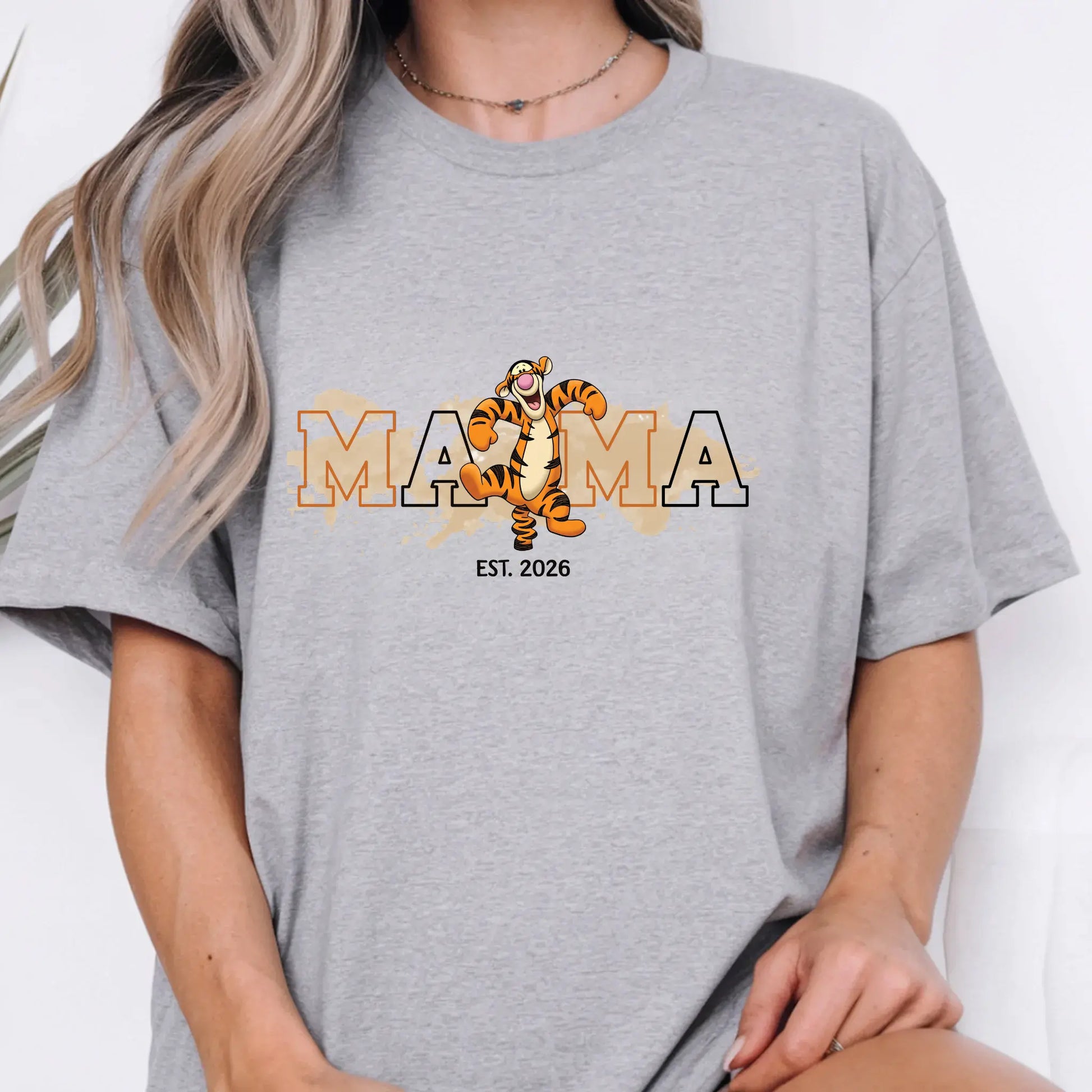 Women’s Mama Bouncy Tiger Graphic T-Shirt, Oversized Mama Est. Date Tee TrendyCustomApparel™