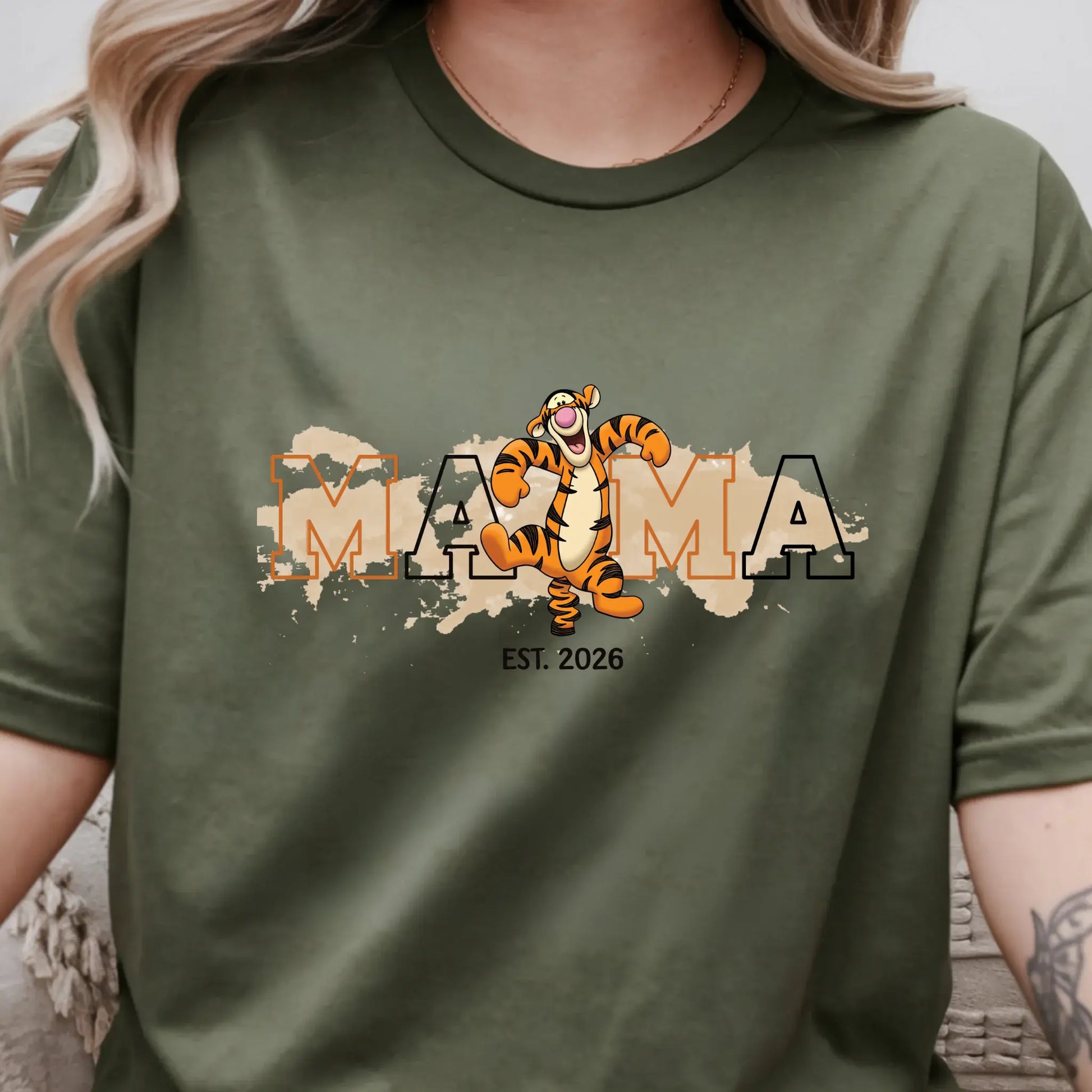 Women’s Mama Bouncy Tiger Graphic T-Shirt, Oversized Mama Est. Date Tee TrendyCustomApparel™