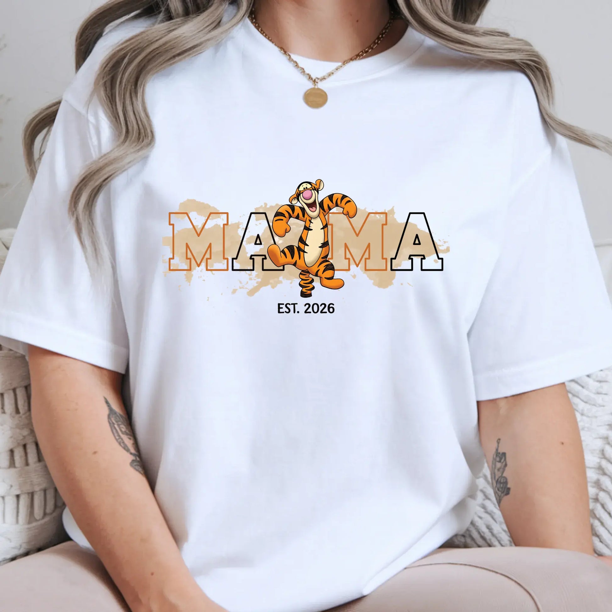 Women’s Mama Bouncy Tiger Graphic T-Shirt, Oversized Mama Est. Date Tee TrendyCustomApparel™