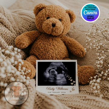 Digital Pregnancy Announcement, Neutral Minimalist Teddy Bear, Customizable Cozy Baby Reveal, Personalized Canva Editable Template