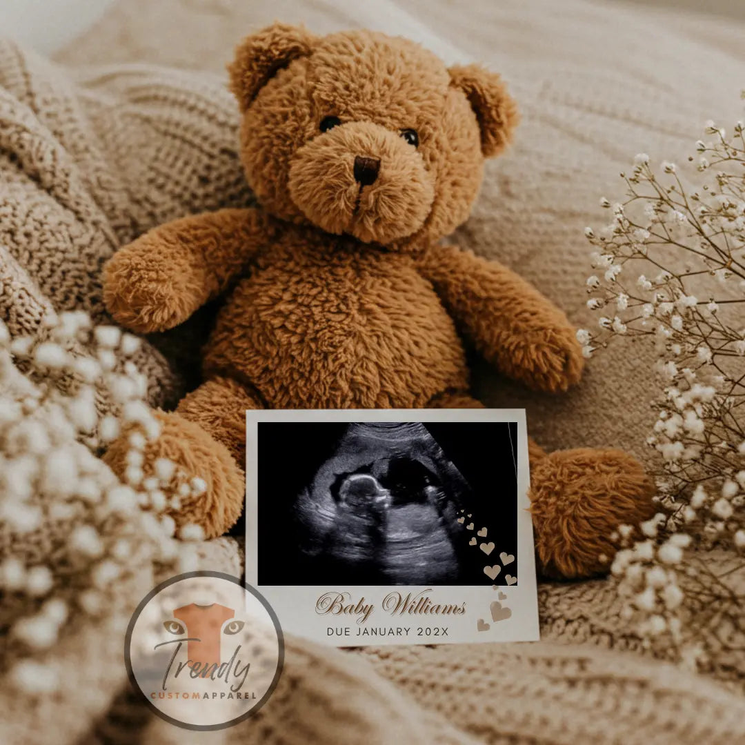 Digital Pregnancy Announcement, Neutral Minimalist Teddy Bear, Customizable Cozy Baby Reveal, customized Canva Editable Template TrendyCustomApparel™