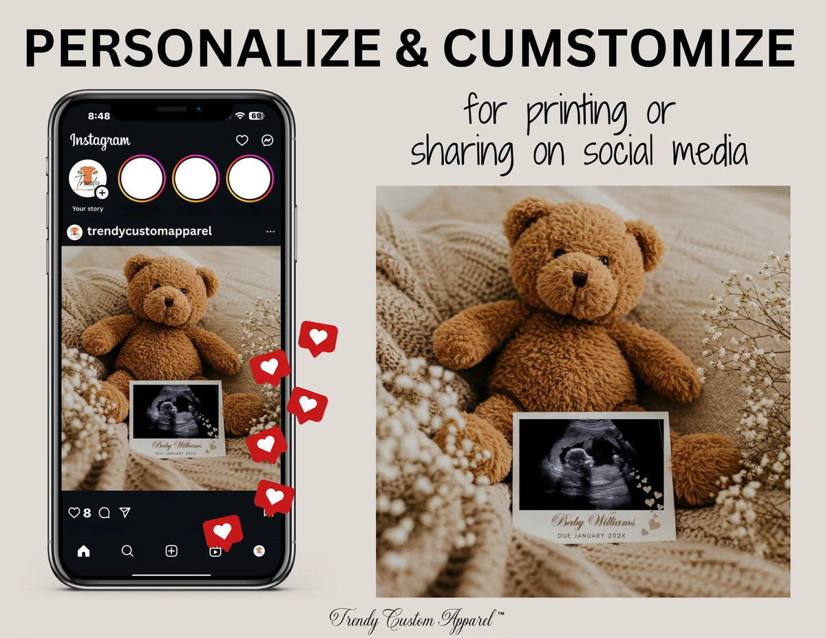 Digital Pregnancy Announcement, Neutral Minimalist Teddy Bear, Customizable Cozy Baby Reveal, customized Canva Editable Template TrendyCustomApparel™