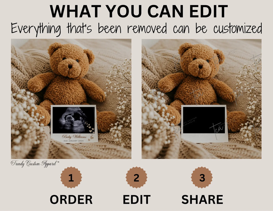 Digital Pregnancy Announcement, Neutral Minimalist Teddy Bear, Customizable Cozy Baby Reveal, customized Canva Editable Template TrendyCustomApparel™