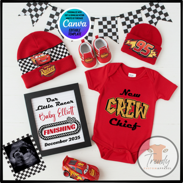 Digital Pregnancy Announcement, Our Little Racer, Customizable Disney Cars Themed, Personalized Editable Template