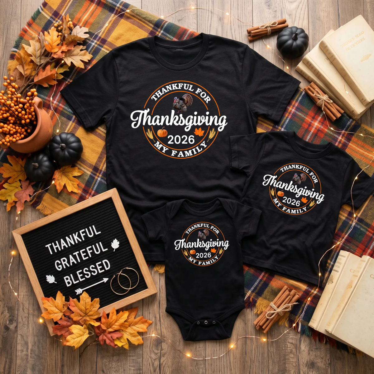 Thankful For My Family Fall Thanksgiving Personalized Year Matching Family Group Graphic Print T-Shirt TrendyCustomApparel™
