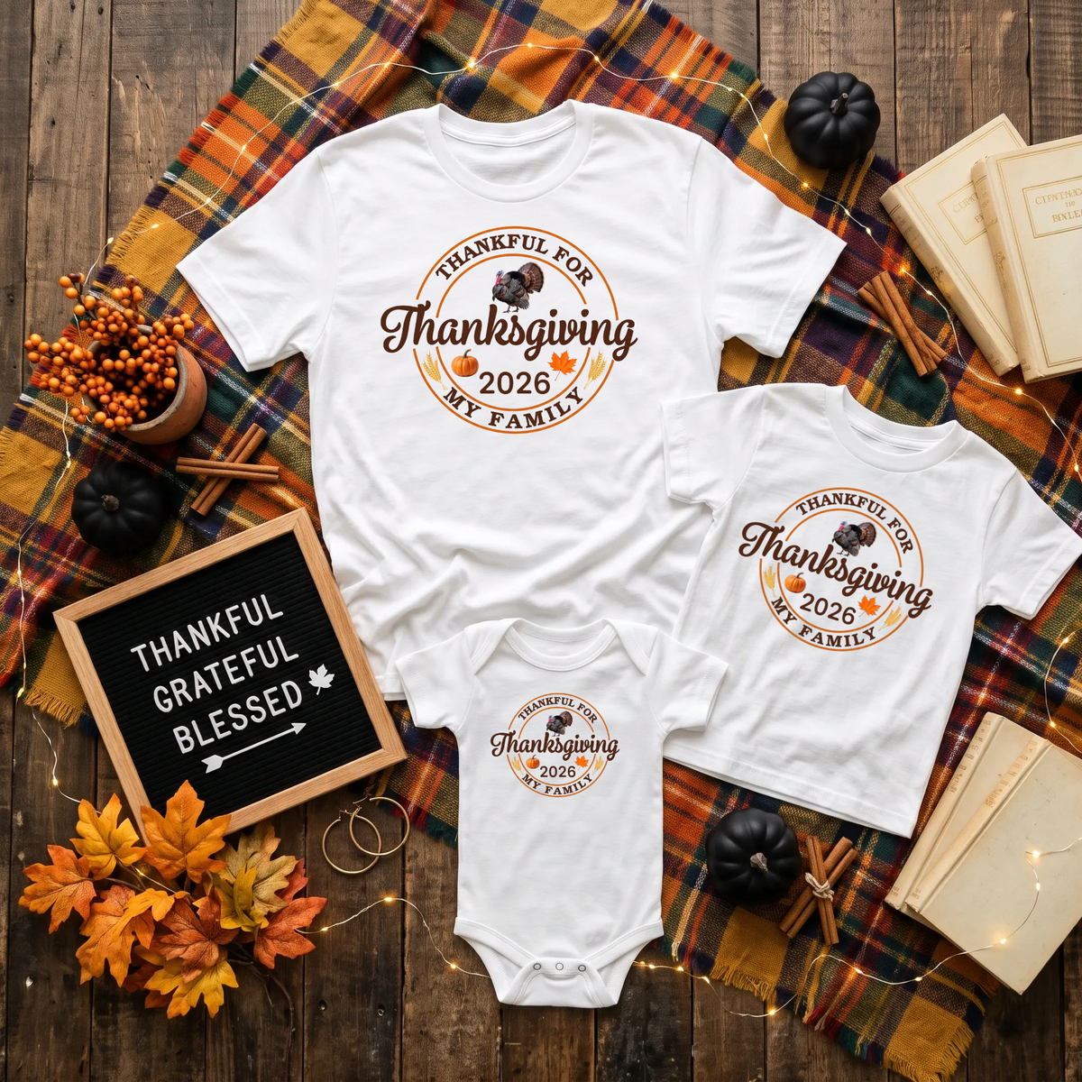 Thankful For My Family Fall Thanksgiving Personalized Year Matching Family Group Graphic Print T-Shirt TrendyCustomApparel™