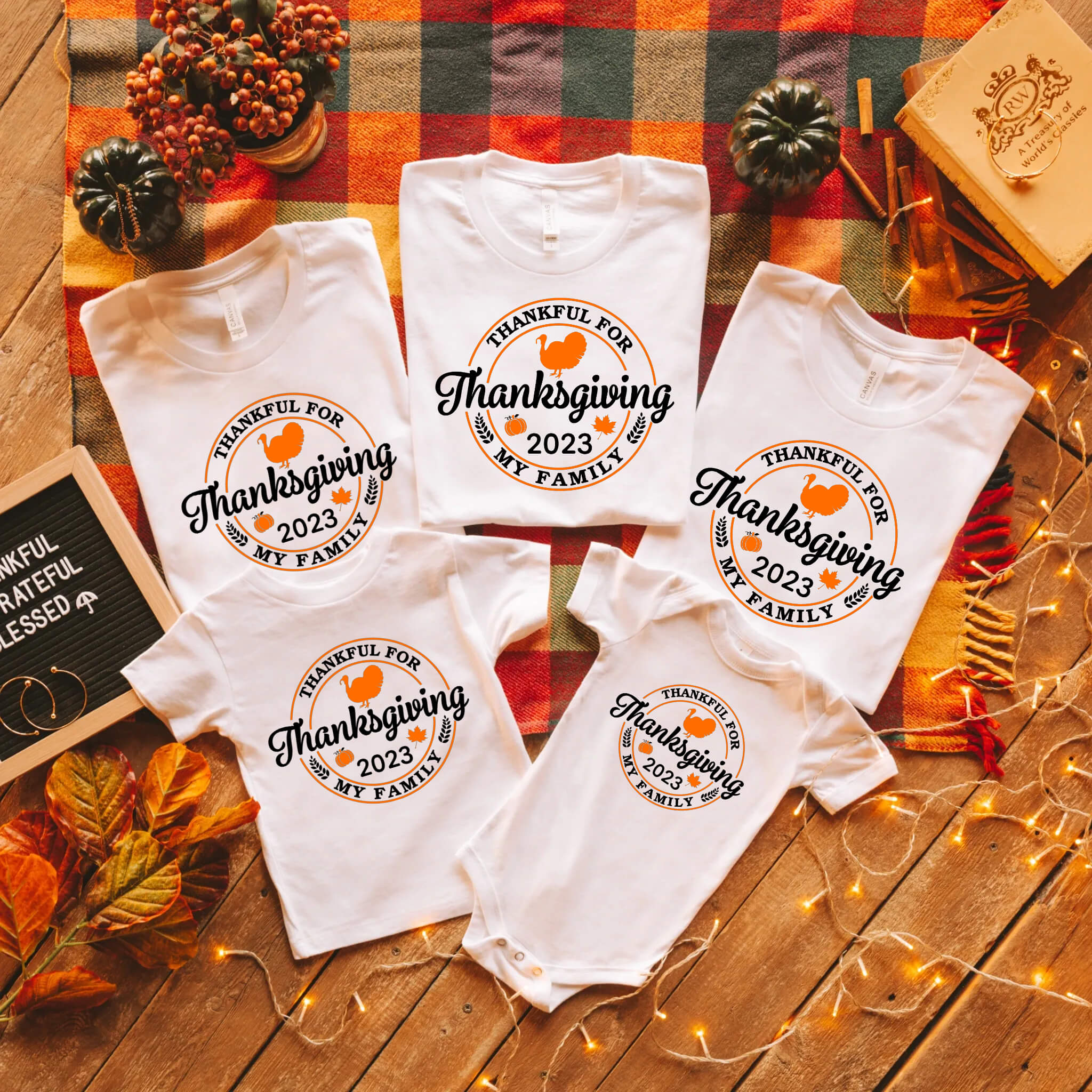 Fall Personalized Thankful For My Family Thanksgiving Matching Family Group Graphic Print T-Shirt