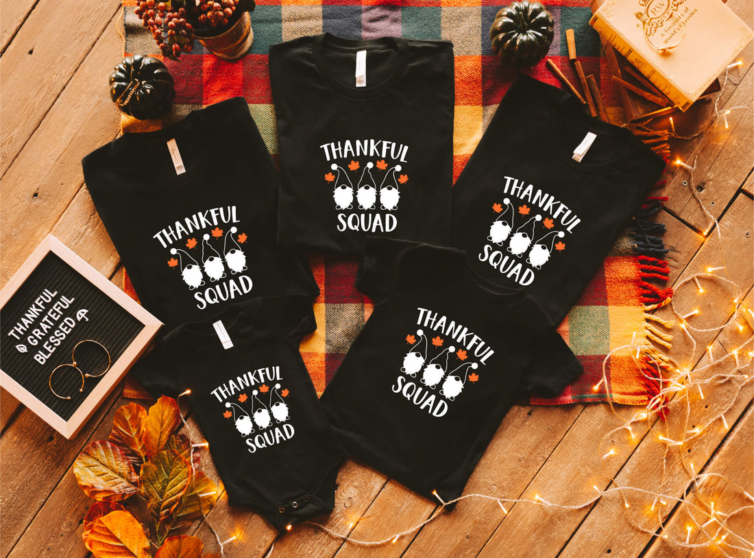 Fall Custom Family Thankful Squad Gnomes Thanksgiving Group Matching Graphic Print T-Shirt