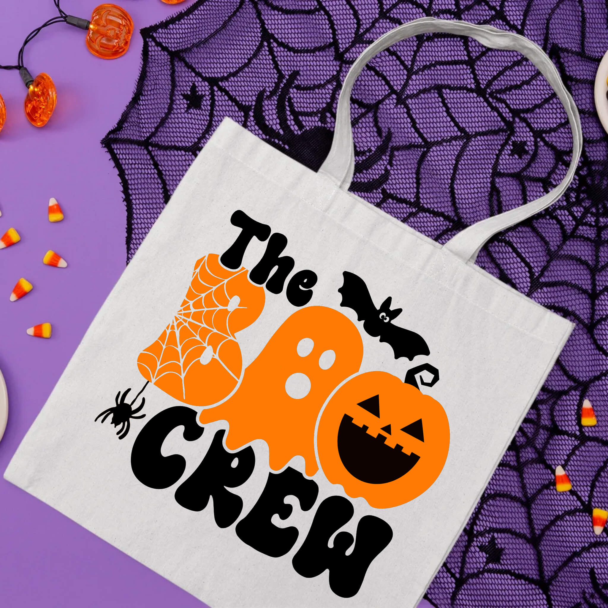 Bolsa De Tela Grande Caramelo de truco o trato de The Boo Crew Retro de Halloween