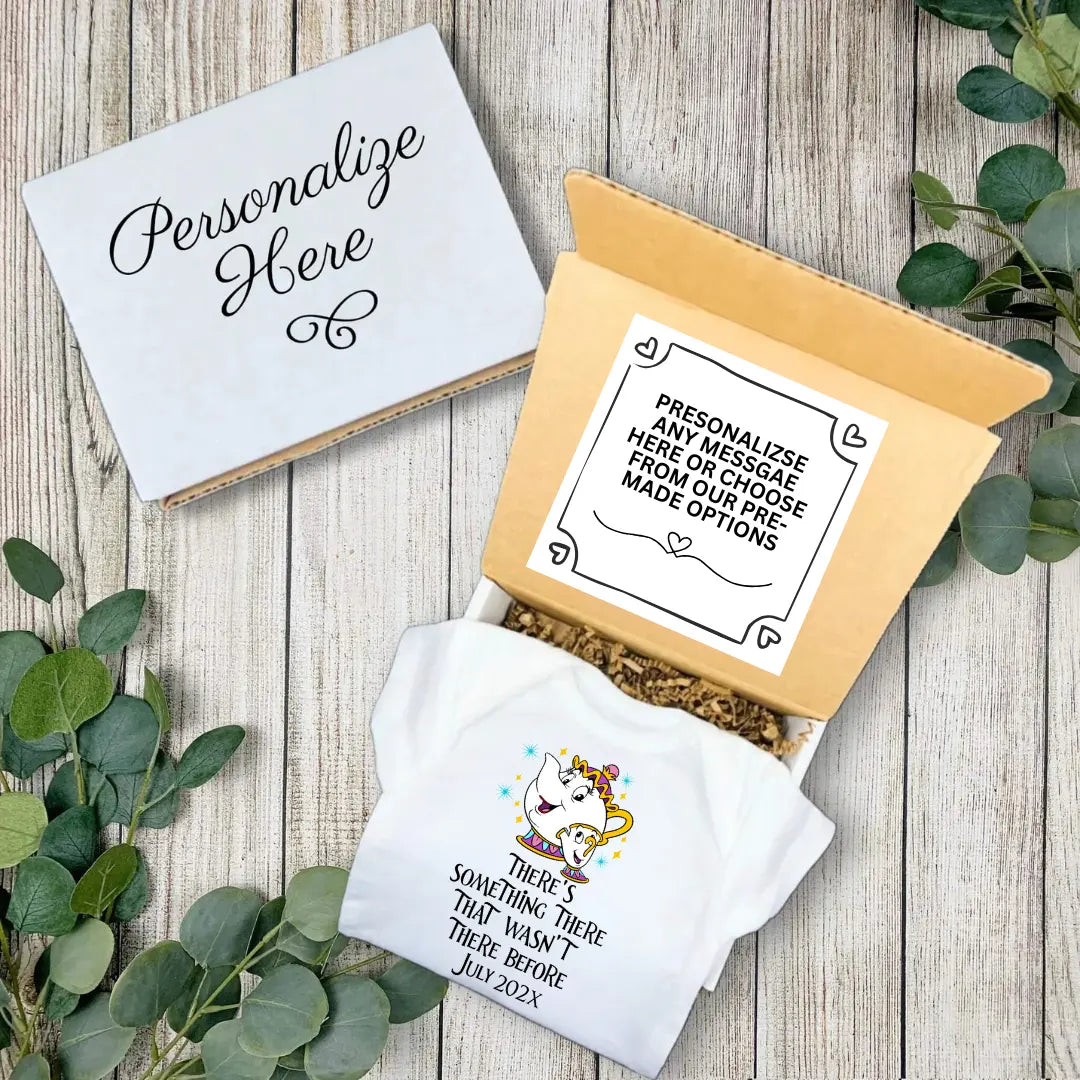 Personalized product packaging with a white towel featuring text and a unicorn design on a wooden surface.