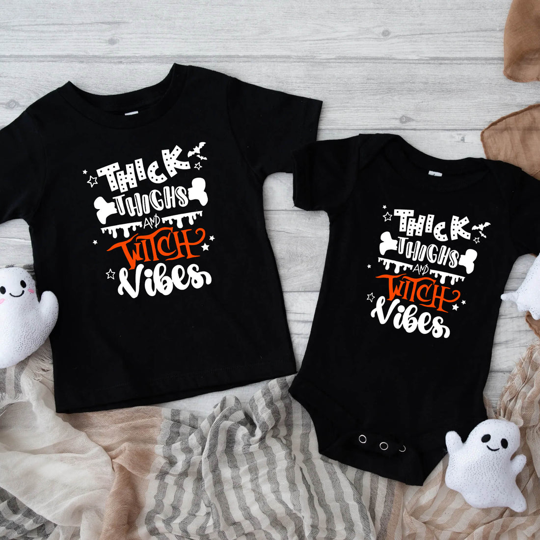 Halloween Thick Thighs and Witch Vibes Customizable Baby Infant Toddler Graphic Print