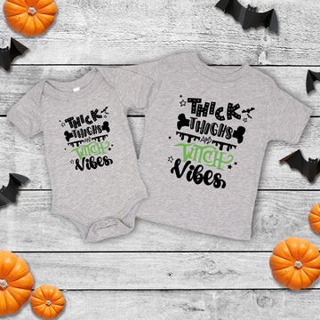 Halloween Thick Thighs and Witch Vibes Customizable Baby Infant Toddler Graphic Print