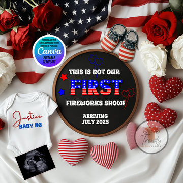 Digital Fireworks Pregnancy Announcement, This is Not Our First Fireworks Show, Customizable Independence Day Themed, Personalized Editable Template