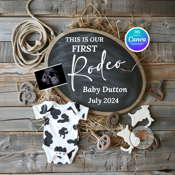 Digital Western Pregnancy Announcement, This is Our First Rodeo, Customizable Cowboy Themed, Personalized Editable Template