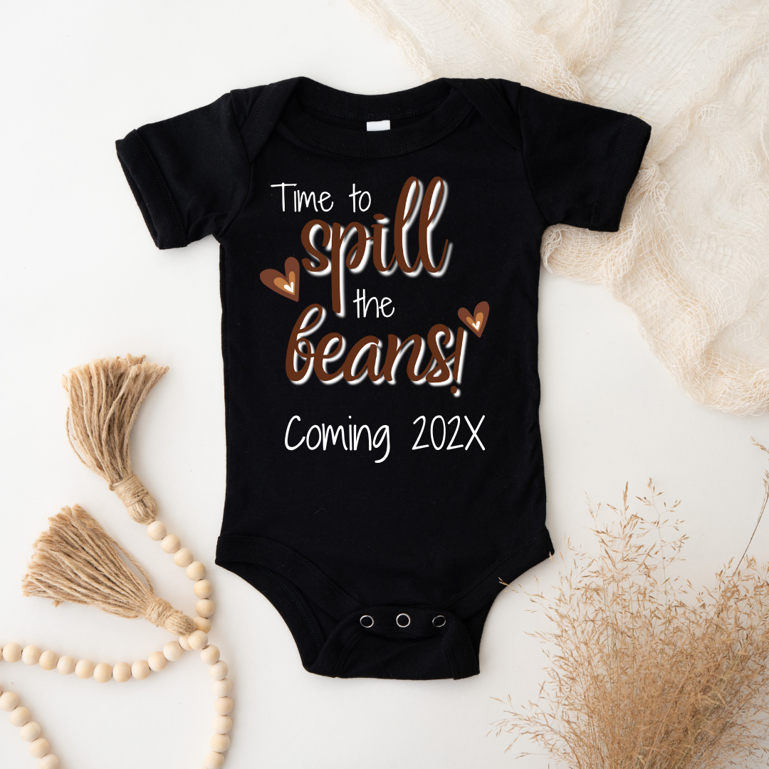Personalized Pregnancy Announcement, Spill The Beans Customized Baby Announcement Onesie TrendyCustomApparel™