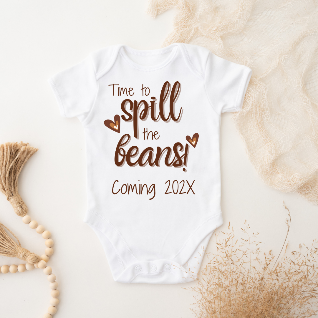 Personalized Pregnancy Announcement, Spill The Beans Customized Baby Announcement Onesie TrendyCustomApparel™