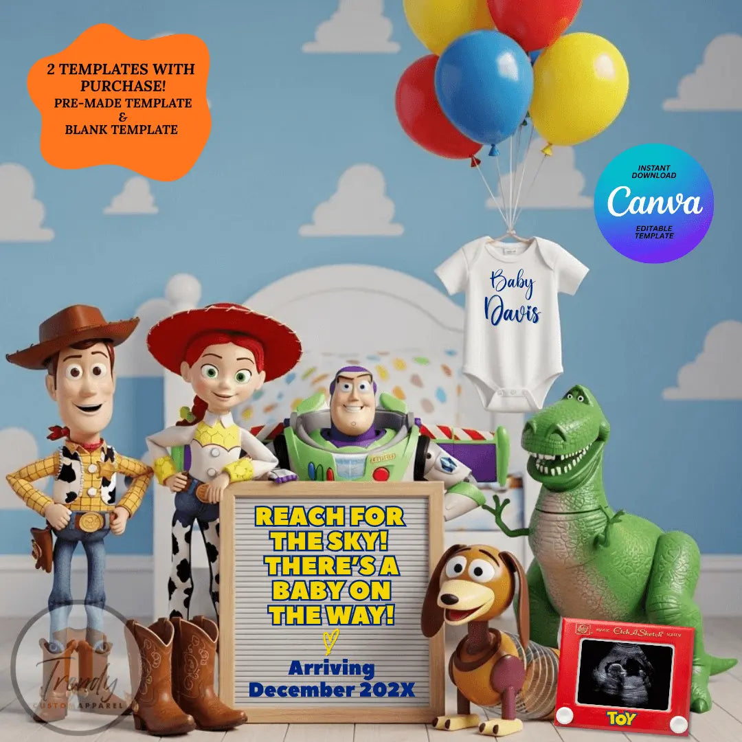 Reach for The Sky There’s a Baby on the Way! Disney Toy Story Digital Pregnancy Announcement Fully Customizable Editable Template TrendyCustomApparel™