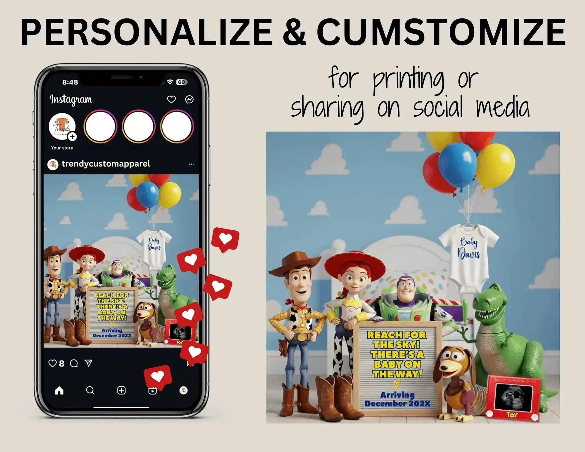 Reach for The Sky There’s a Baby on the Way! Disney Toy Story Digital Pregnancy Announcement Fully Customizable Editable Template TrendyCustomApparel™