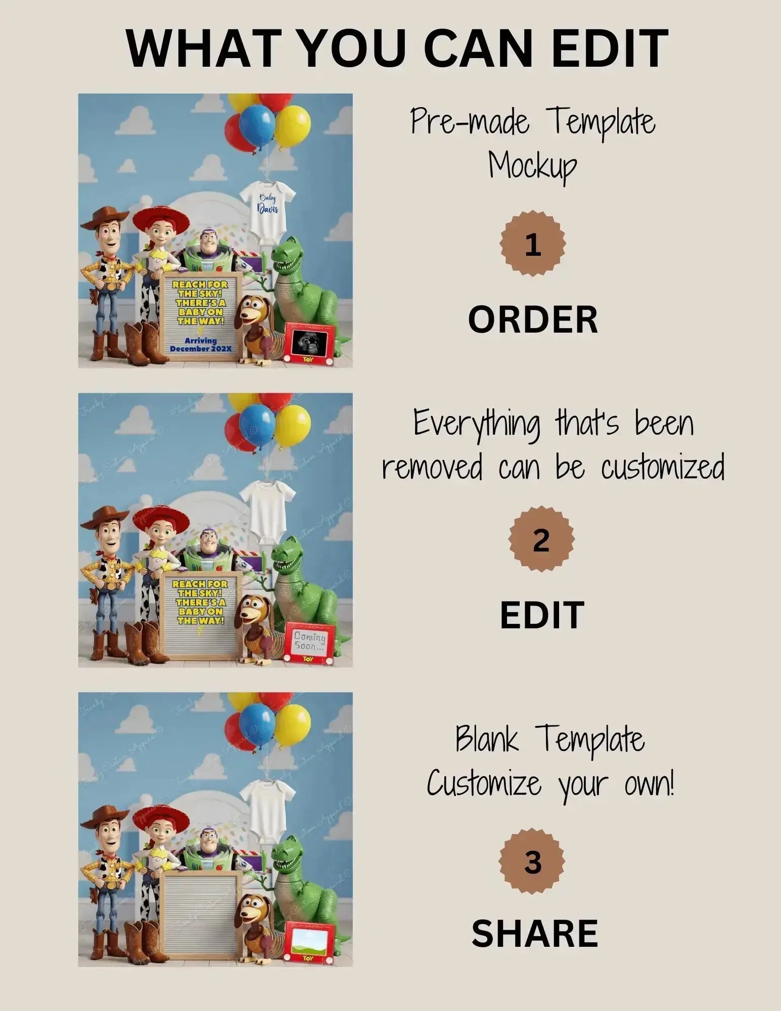 Reach for The Sky There’s a Baby on the Way! Disney Toy Story Digital Pregnancy Announcement Fully Customizable Editable Template TrendyCustomApparel™