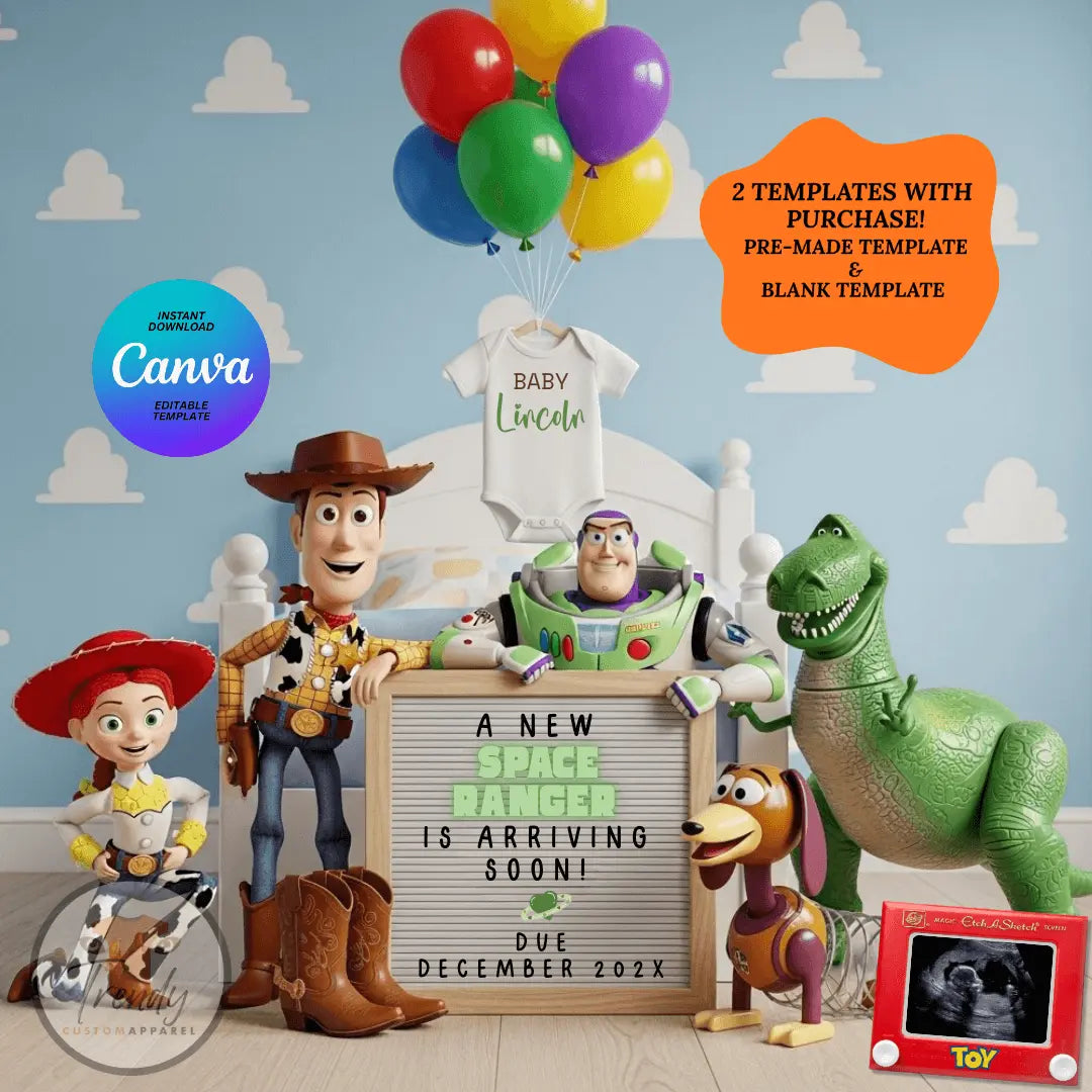 A New Space Ranger is Arriving Soon! Disney Toy Story Digital Pregnancy Announcement Fully Customizable Editable Template TrendyCustomApparel™