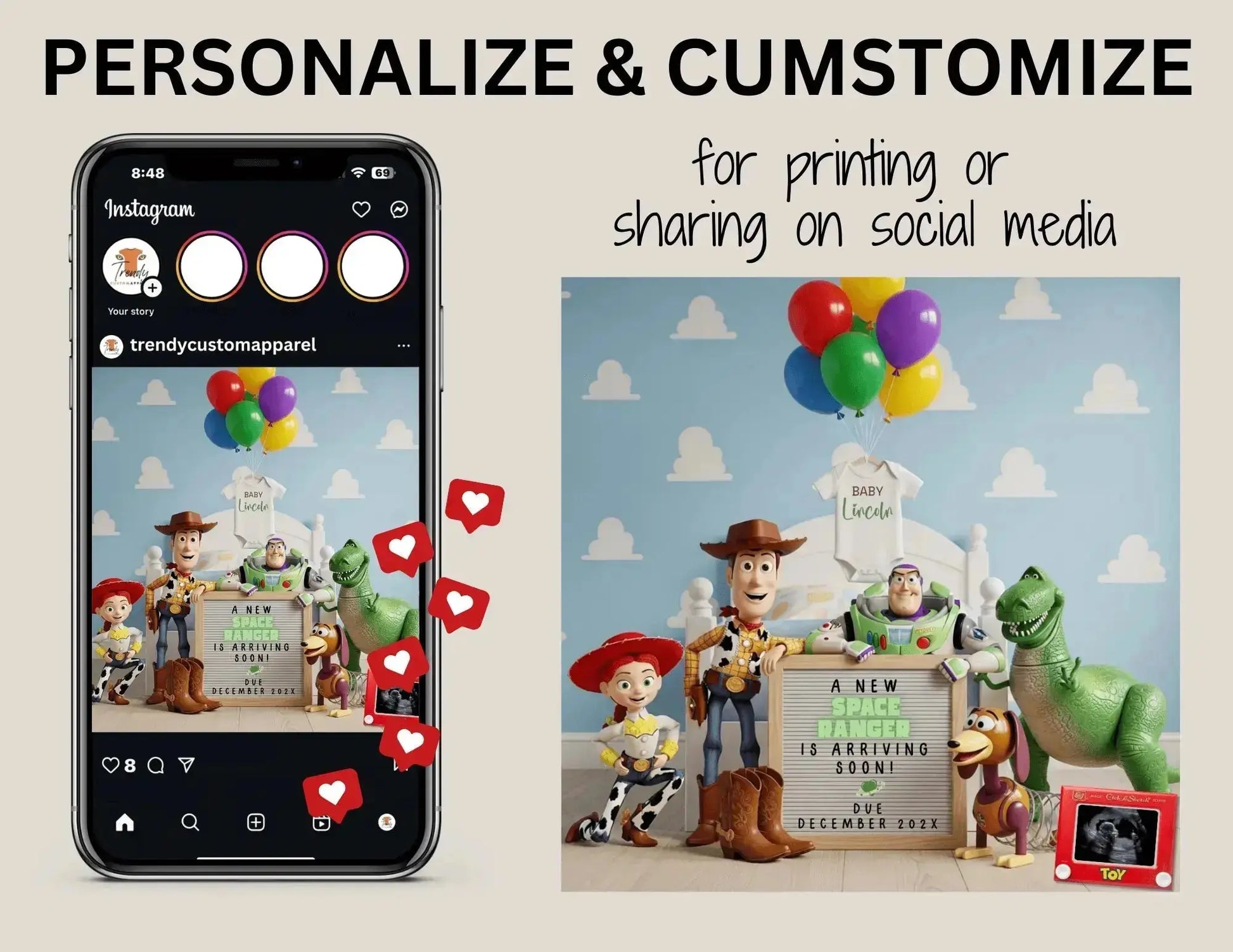 A New Space Ranger is Arriving Soon! Disney Toy Story Digital Pregnancy Announcement Fully Customizable Editable Template TrendyCustomApparel™