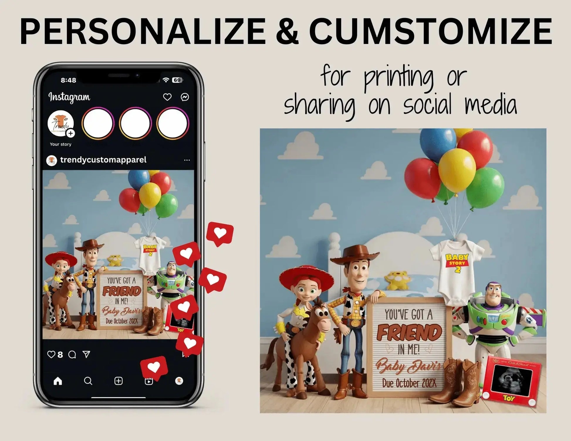 You’ve Got a Friend in Me!, Disney Toy Story Digital Pregnancy Announcement Fully Customizable Editable Template TrendyCustomApparel™