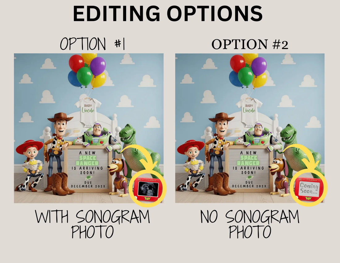 A New Space Ranger is Arriving Soon! Disney Toy Story Digital Pregnancy Announcement Fully Customizable Editable Template TrendyCustomApparel™