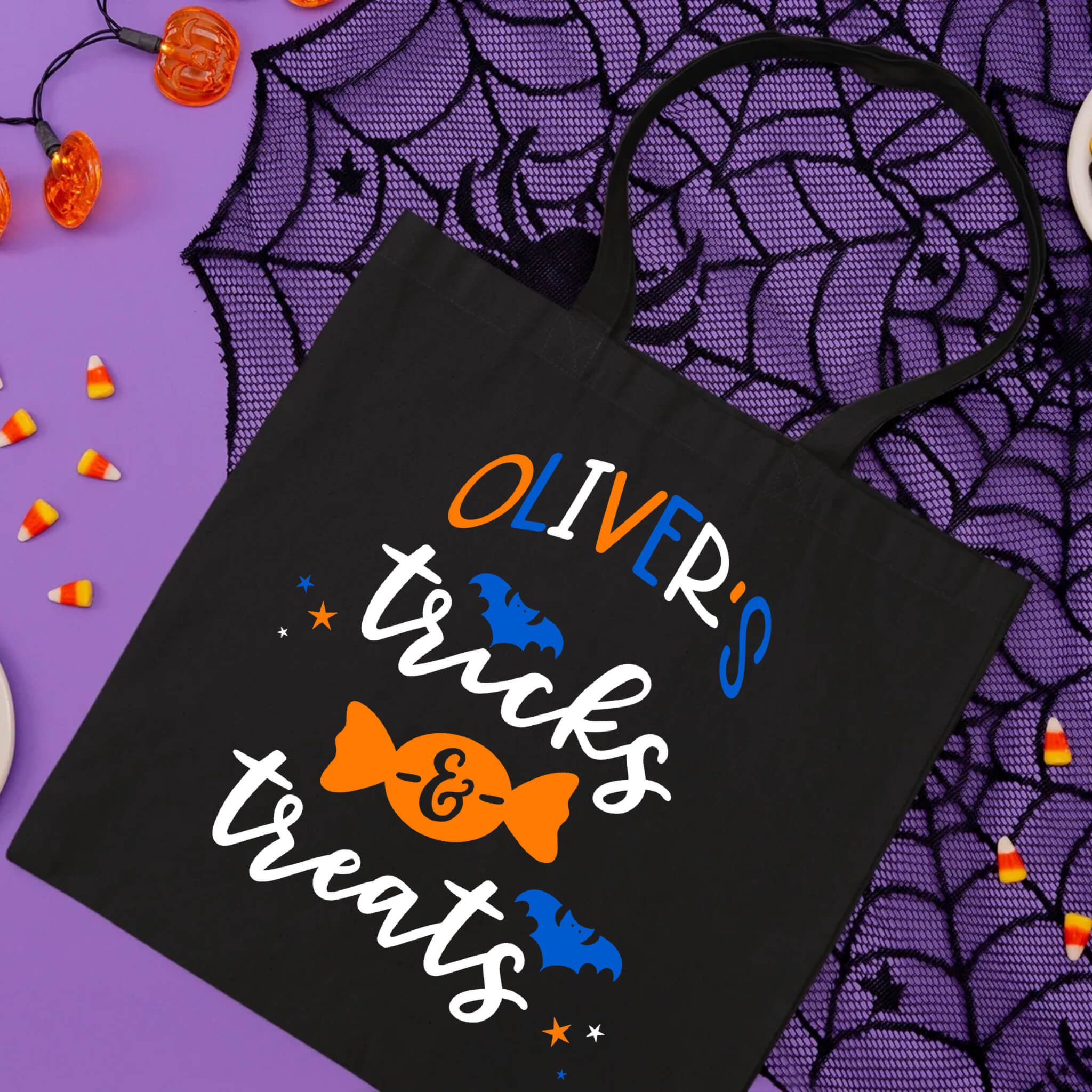 Halloween Personalized Name Tricks and Treats Trick or Treat Candy Large Tote Bag