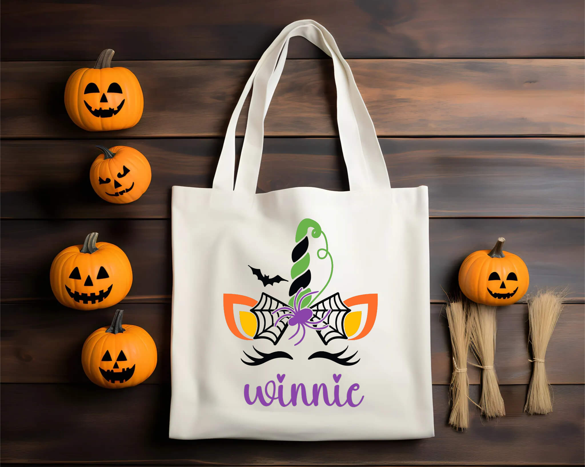 Bolsa De Tela Grande Caramelo de truco o trato de niña bruja unicornio personalizado de Halloween