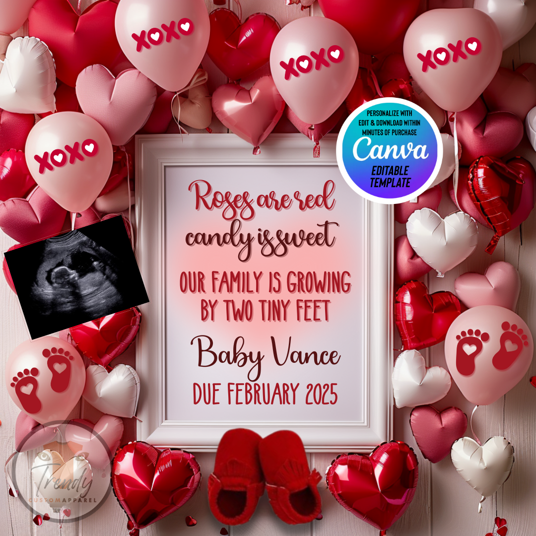 Digital Valentine's Pregnancy Announcement, Roses are Red, Customizable February Themed, Personalized Editable Template