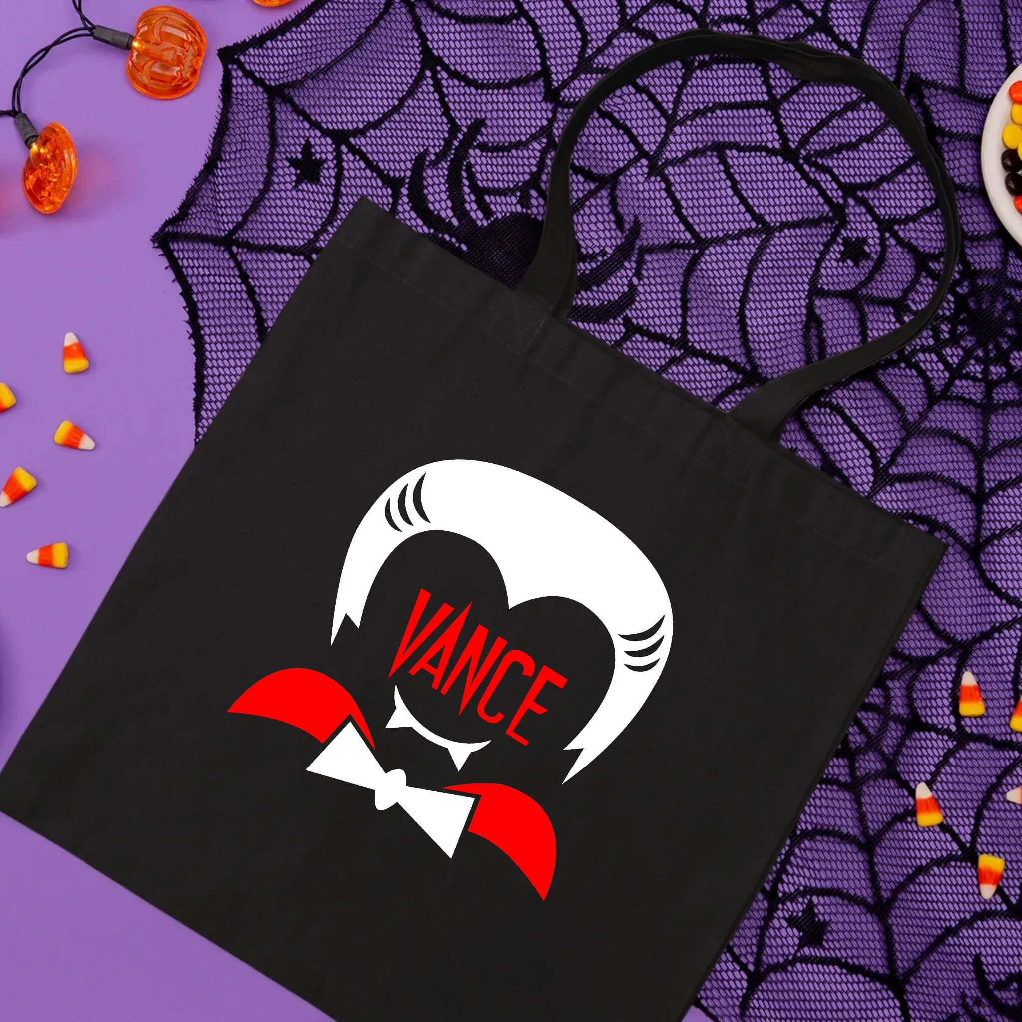 Bolsa De Tela Grande Caramelo de truco o trato de vampiro para niño con nombre personalizado de Halloween