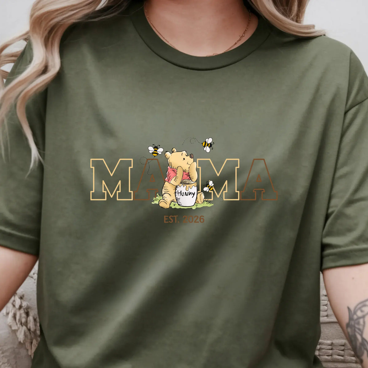Mama Honey Pot, Winnie The Pooh Women's Mama Bear T-Shirt Oversized Graphic Tee Est. Date TrendyCustomApparel™