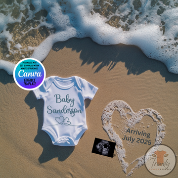 Digital Ocean Pregnancy Announcement, Baby Surname, Customizable Beach Themed, Personalized Editable Template