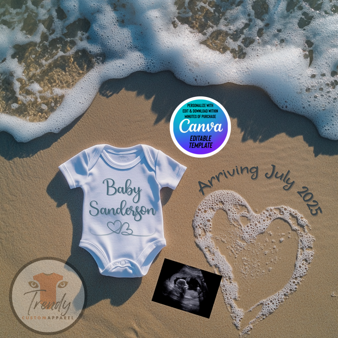 Digital Ocean Pregnancy Announcement, Baby Surname, Customizable Beach Themed, Personalized Editable Template