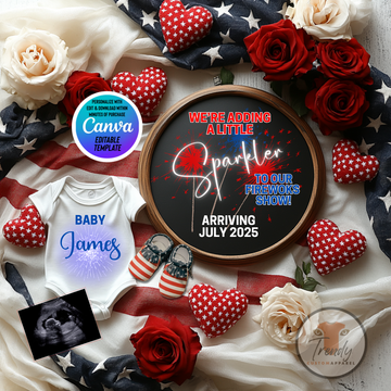 Digital Pregnancy Announcement, We’re Adding a Little Sparkler, Customizable Independence Day Themed, Personalized Editable Template