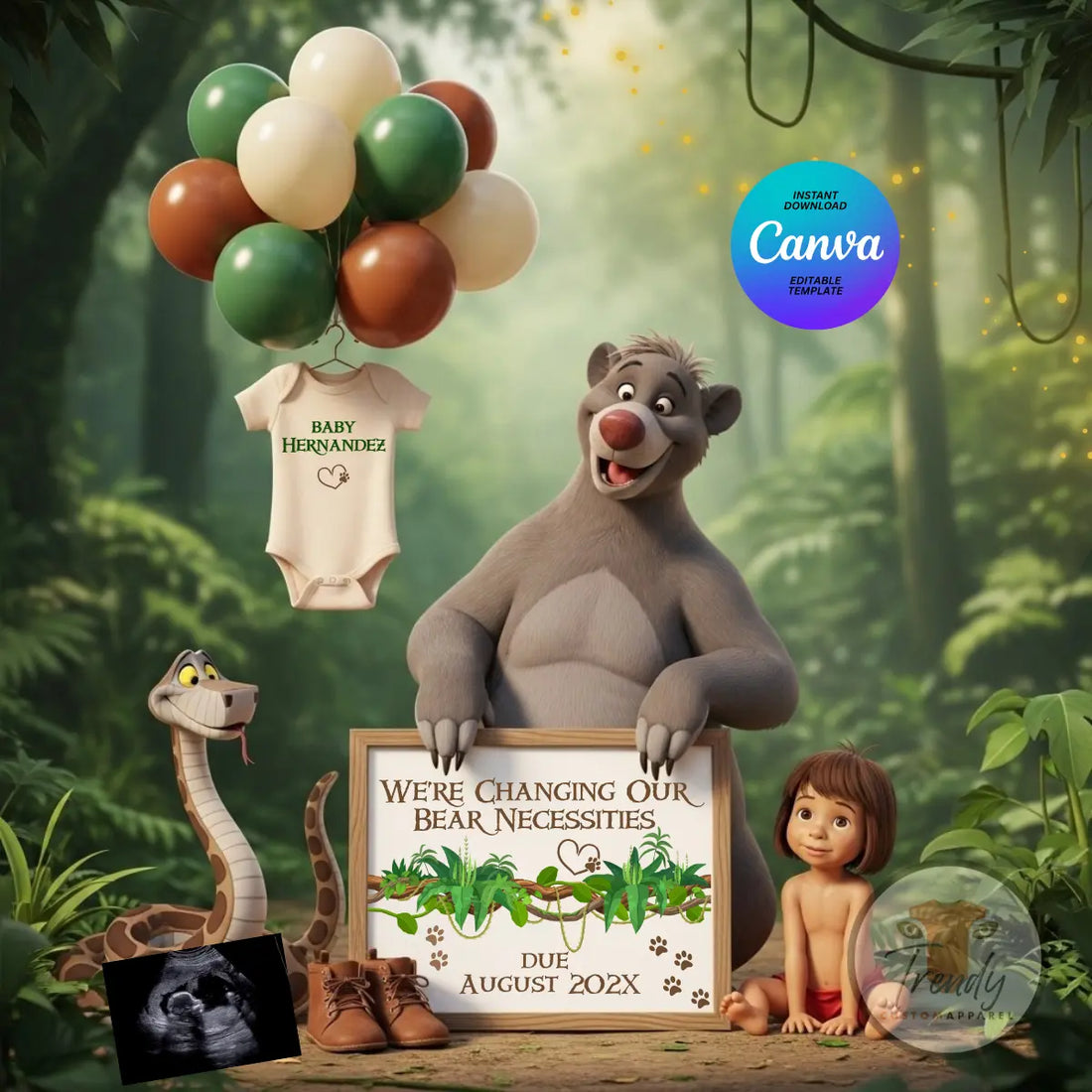 Disney Jungle Book Pregnancy Reveal, We're Changing Our Bear Necessities, Digital Pregnancy Announcement, Customizable Editable Details Template - TrendyCustomApparel™