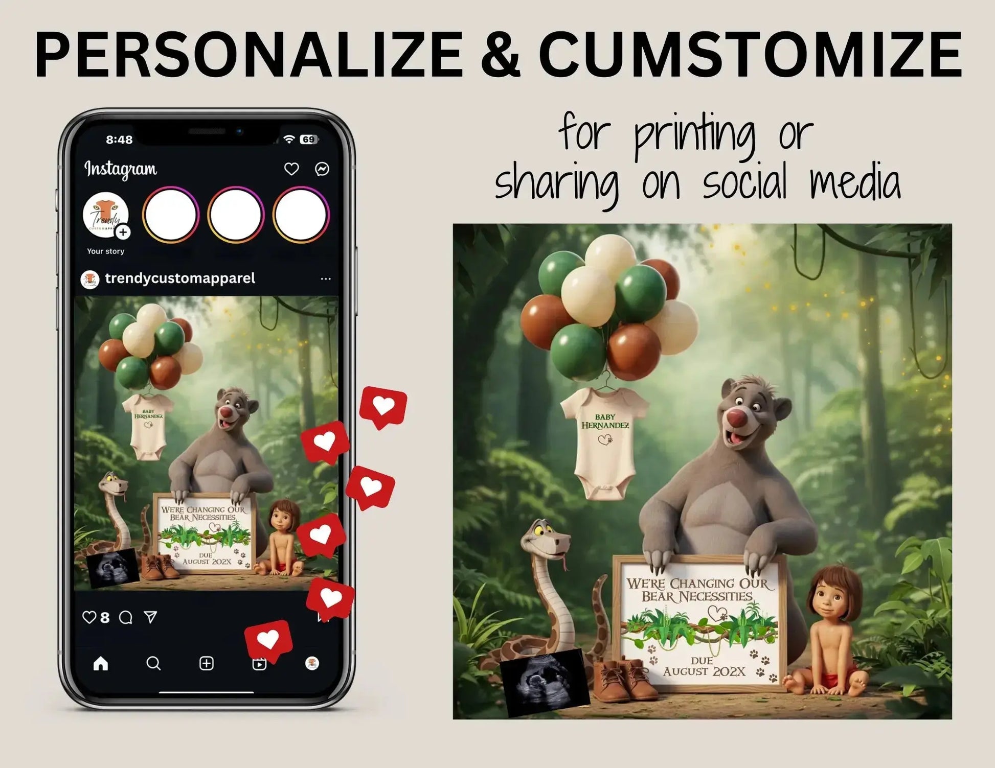 Disney Jungle Book Pregnancy Reveal, We're Changing Our Bear Necessities, Digital Pregnancy Announcement, Customizable Editable Details Template - TrendyCustomApparel™
