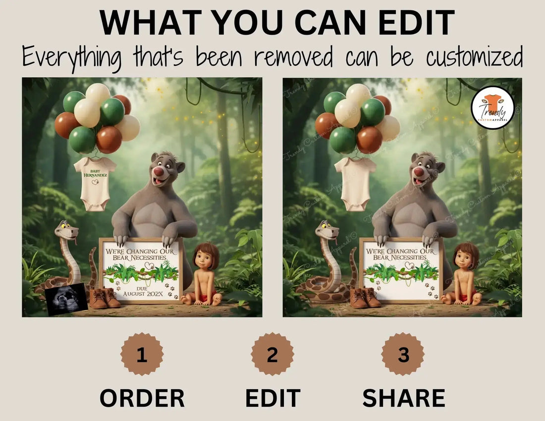 Disney Jungle Book Pregnancy Reveal, We're Changing Our Bear Necessities, Digital Pregnancy Announcement, Customizable Editable Details Template - TrendyCustomApparel™