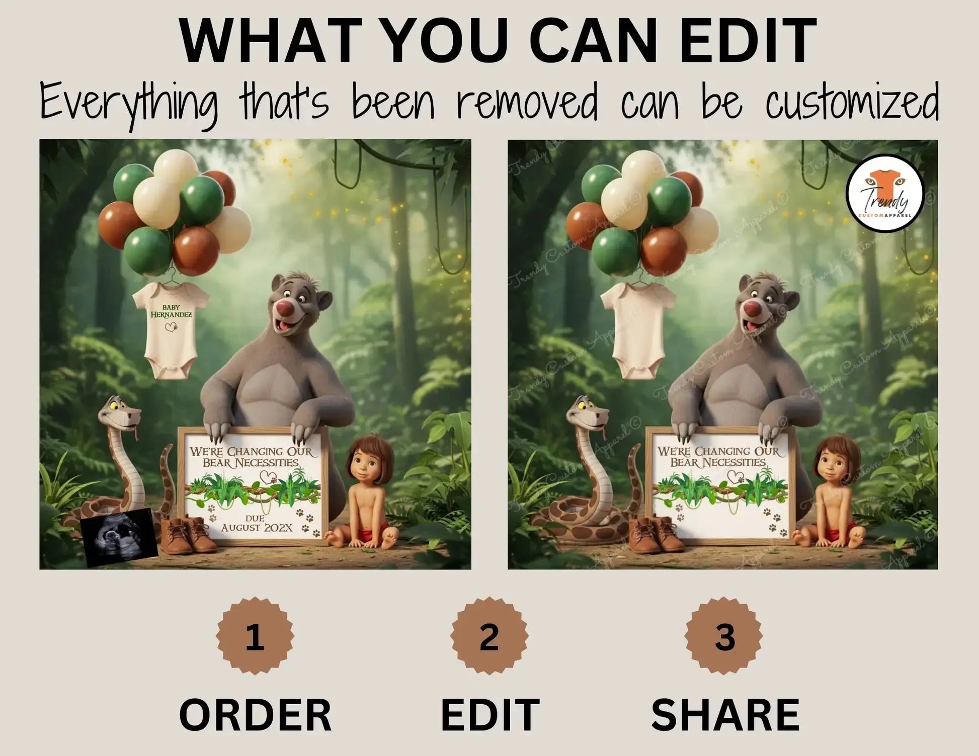 Disney Jungle Book Pregnancy Reveal, We're Changing Our Bear Necessities, Digital Pregnancy Announcement, Customizable Editable Details Template - TrendyCustomApparel™