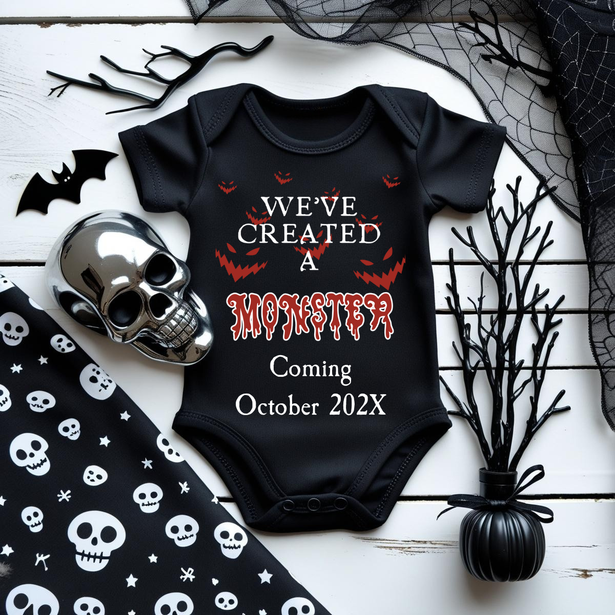Personalized Pregnancy Announcement, We've Created A Monster, October Pregnancy Reveal, Christmas Pregnancy Onesie TrendyCustomApparel™